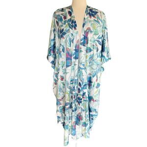Nordstrom NWT O/S Satin Kimono Blue Sun Floral Beach Boho Long Relaxed $79